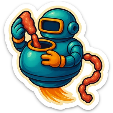 a robot that uses arms to put meat in large hole on top. sausage links come out robots rear. no legs on robot. robot hovers. robot feeds itself meat sticker