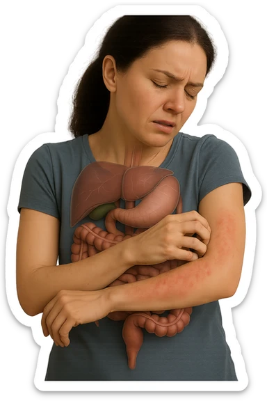 donna con intestino umano anatomico realistico che si gratta il braccio su cui ha un'eritema, iperrealistica 4k sticker