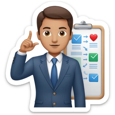 professional figure pointing at a task board or flowchart. The character wears business casual clothing sticker