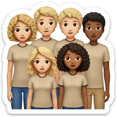 group of people  together ; men and women with brown, blonde, black hair- short hair, long hair and curly hairr wearing beige shirts aesthetic no collar, brown people, white people, black people sticker
