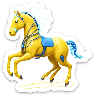 yellow fast electric horse made of electricity, bolts, visible yellow wires, lightning, blue electricity accents, dynamic running pose sticker