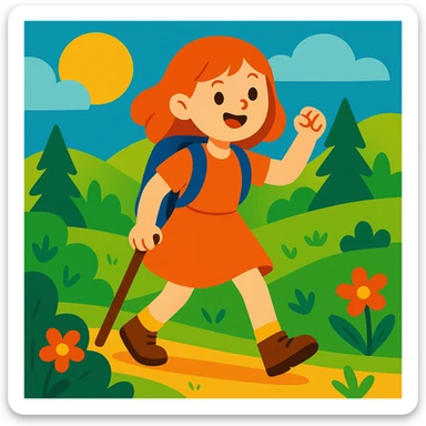 cheerful girl hiking outdoors wearing a dress, vibrant colors, nature setting sticker