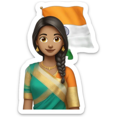 A girl wearing saare , and holding India flag ￼ sticker