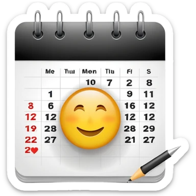 Minimalist emoji of a clean calendar page with a single bold tick and light radiating from behind it, symbolising recommitment and a fresh disciplined start. Flat vector style, transparent background sticker