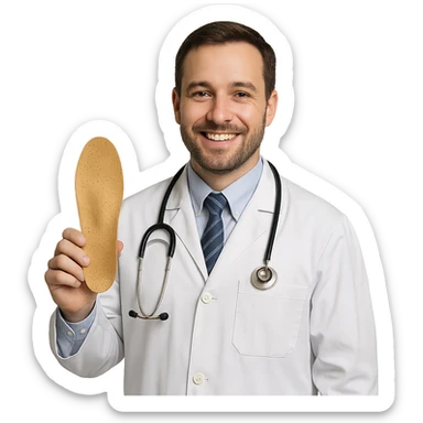 realistic smiling orthopedic doctor holding an orthopedic insole, neutral background sticker