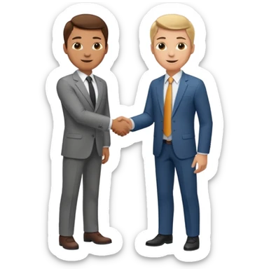 a video editor handshaking with a castomer. customer wears suit and tie but video editor wears shirt and trouser. they are handshaking inside a corporate office. sticker