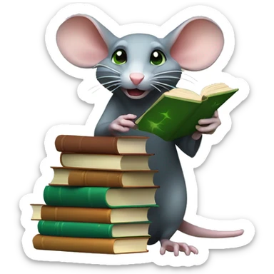 rat casting a spell: rat on a stack of books letting out a hand and casting a green hexagonical spell. sticker