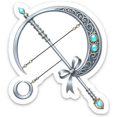 bow weapon, Elegant silver bow weapon with glowing string, crescent-moon motifs. sticker