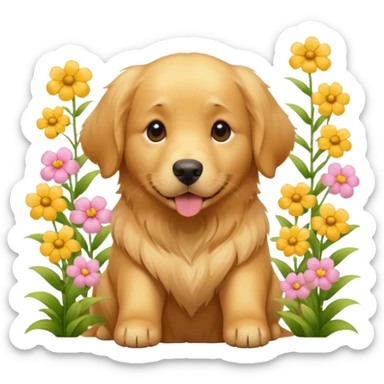 A Golden Retriever sitting in a blooming flower garden, sunlight highlighting its shiny golden fur. Gentle expression, realistic photography, warm color tones. sticker