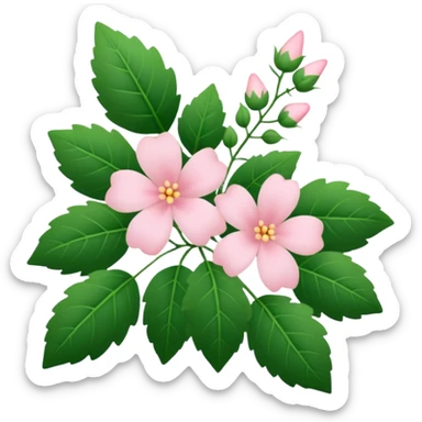 Aesthetic flowers and plants growing from the ground in colours of soft pink matching the deep green leaves (to describe/match with the word flourish) more of a wild bush or vine  sticker