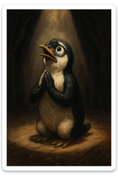 a dramatic penguin on its knees, flippers clasped together, eyes wide, begging and praying, spotlight effect, expressive emotion, theatrical style, stage-like background sticker