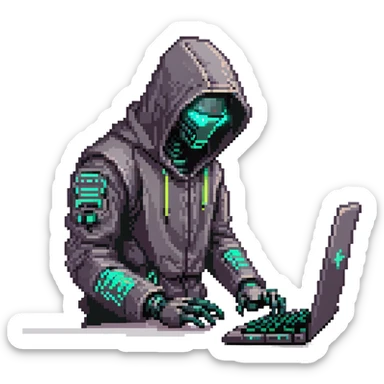 Dark cybernetic robot hacker with neon details, hood, typing on keyboard, hacking code sticker