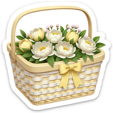 White Picnic basket with pastel yellow bow and white peonies inside sticker