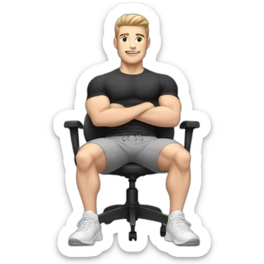 Pale skinned Fit Man With the biceps and dark brown hair in black shirt, gray sports shorts and white Sneakers Sitting on a chair sticker