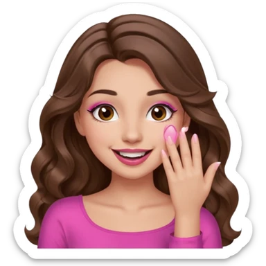 girl with long wavy brown hair, brown eyes, long lashes makeup, pink lips, light to medium complexion, pink sexy top, smiling, hand covering the mouth, giggling sticker