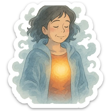 ghibli style: a woman with a gentle, warm light radiating from her chest, while her outer body is wrapped in a cool mist, representing menopause hot inside cold outside sticker