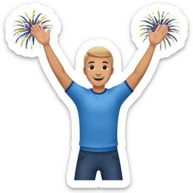 hombre sonriendo saltando con los brazos hacia arriba saltando, con fuegos artificiales, confites volando, sticker