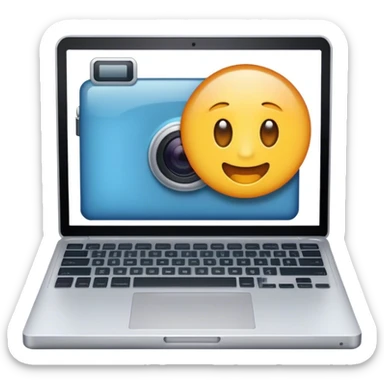 Create an emoji representing blogging. The design should feature an open laptop or tablet with a visible blog post on the screen, showing text. Add a photo or video camera to symbolize multimedia content creation. Use modern, professional colors. Make the background transparent. sticker