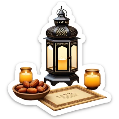 A beautifully warm and inviting Ramadan-inspired setting. A glowing ornate lantern sits on a wooden table, casting intricate patterns of light. Beside it, a decorative bowl filled with dates symbolizes hospitality and tradition.  sticker