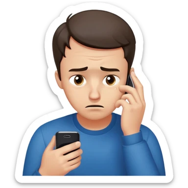 man with anxious attachment style frantically checking his phone with worried eyes and nervous expression, sweat drops on forehead, staring intensely at phone screen waiting for message reply, finger hovering over screen ready to respond immediately, notification symbols visible sticker