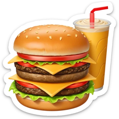 Crea una escena que contenga el mega combo: una hamburguesa, un frappé y papas fritas sticker