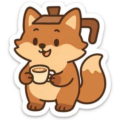 cute soft fluffy coffee maker fox, holding a tiny latte cup, brown and beige pastel, full-body sticker