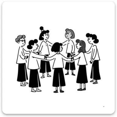 hand-drawn doodle of stick figure people standing in a circle, holding hands, unity, casual sticker