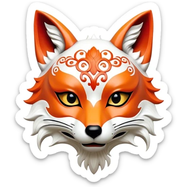 ​Cinematic Realistic Japanese Kitsune Mask, depicted as an intricately carved fox mask with flowing, delicate features and vivid traditional patterns, its mysterious eyes set against a softly blurred background that emphasizes its mystical allure and cultural significance, rendered with detailed textures and refined lighting, sticker