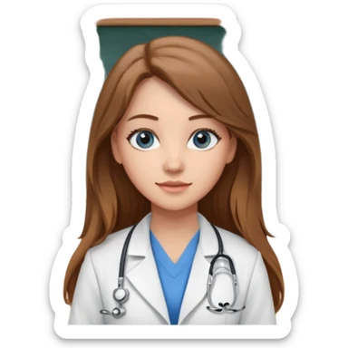 university classroom that says nursing school on the blackboard with a pretty female nursing student with long brown hair, blue eyes sticker