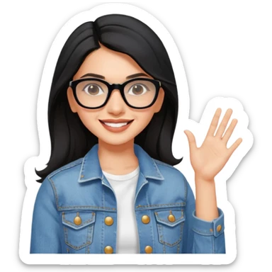 generate a pretty bratz emoji 
Make her wear a white dress with a denim jacket over it. black hair side part 

She should look exactly  like Deepika padukone. wearing rectangular spectacle, smiling sticker