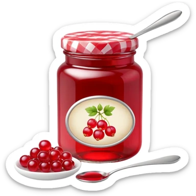 elegant glass jar of red currant jelly, vibrant ruby red glossy translucent, gingham lid, simple label no text, small spoonful of jelly beside jar, 3D rendered, minimal, soft shadows, natural lighting, vibrant color, transparent background, emoji scale sticker