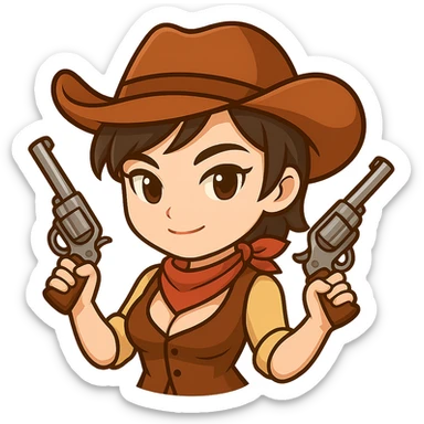 Edit this chibi cowgirl to cover her chest with a buttoned-up shirt or vest, keeping the cowboy hat, short hair, western outfit, and two guns. Maintain the chibi/anime style and confident pose. Transparent background, sized for Twitch or Discord use. sticker