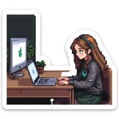 a girl sitting at a desk with a MacBook, focus on face and laptop, pixel art style sticker