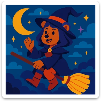 a magical bear witch, blending human and bear traits, flying on a broomstick, fantasy style sticker