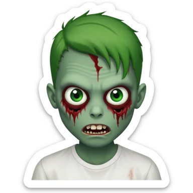 zombie boy with outgrown hair and wearing a white shirt with green prominent eyes and an evil mouth either open, red skin sticker