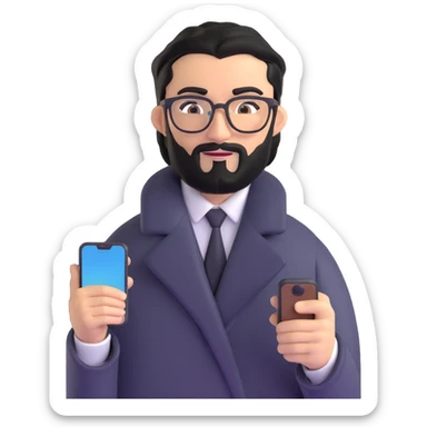 refined professional man standing, wearing black coat, with medium black beard, black hair neatly combed to one side, connected unibrow, olive tan skin, brown eyes, glasses, prominent nose, clearly holding a smartphone in hand sticker