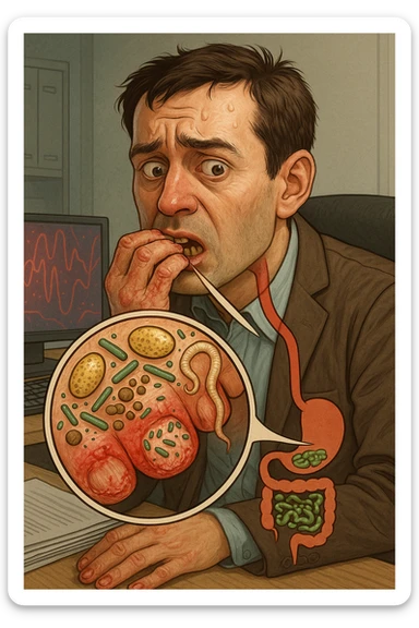 Anxious man at office desk unconsciously biting fingernails, microscopic overlay showing parasitic eggs and bacteria concentrated under nail beds, worms and microorganisms being consumed with each bite, expression of nervous habit unaware of contamination, computer screen reflecting his stress while he infects himself, fingertips raw and bleeding from chronic nail-biting, invisible parasite colonies entering his digestive system sticker