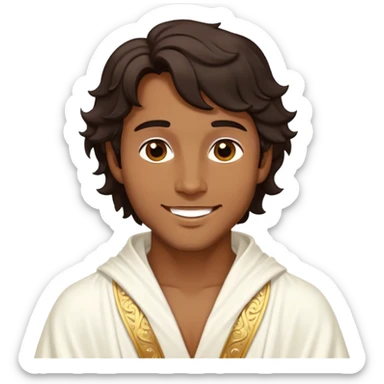 Cinematic Realistic Hercules Portrait, head tilted playfully and inquisitively, capturing the spirit of a timeless Greek hero with a warm, inviting smile. His bronze, marble-like skin and thick, wavy dark hair are rendered with classical precision, while his flowing white robe with delicate golden embellishments accentuates his muscular form. Soft natural light brings out the playful yet powerful essence of this legendary figure. sticker