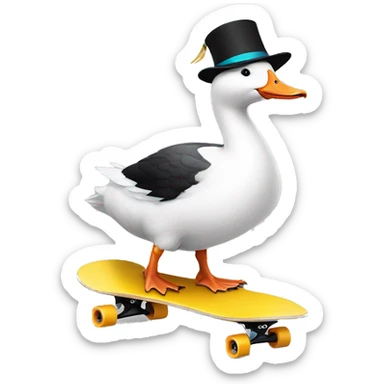 White goose wearing birthday party hat riding a black skateboard sticker