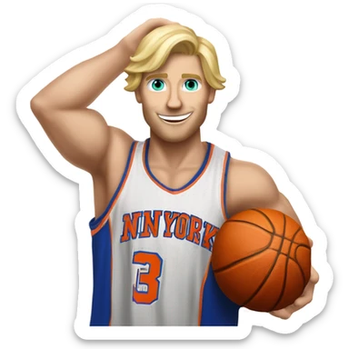 Blond guy of medium build dunking a basketball with New York Knicks colours and a number 3 jersey, surname bell make sure he’s scoring a shot sticker