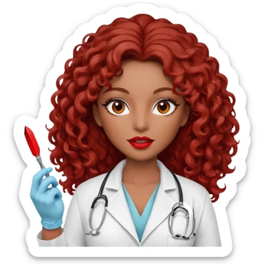 Seductress woman scalpel in hand, evil surgeon sexy surgeon clothes.  She has red eyes. Her  brown long curly hair. Wears sexy doctor outfit with red gloves. make her hair free and brown but she  wear mouth cover   to hide. Wears white surgeon jacket and  only   death long , long beown hair  sticker