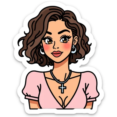 Light-skinned girl with honey brown eyes, long thick eyelashes, thin dark brown eyebrows, dark brown short curly hair with light highlights, flushed lips with heavy cupid bow, wearing a silver cross necklace, round silver earrings, and a light pink top with v-line sticker