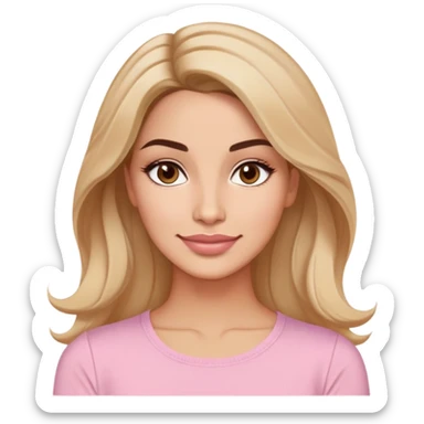 Puerto Rican actress in her early 30s with oval face, soft features, defined but not prominent cheekbones, sweet expression, large almond light brown eyes, well-defined medium eyebrows, straight nose, medium lips with fresh smile, long slightly wavy dark blonde hair, wearing a light pastel pink top sticker