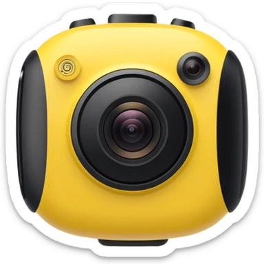 Insta360 camera emoji, front view, yellow body with black lens, minimal details sticker
