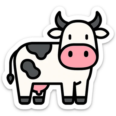 cow, modern color icon style, clean lines, simple shapes, minimal details, white and black with pink accents sticker