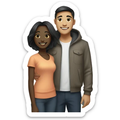 Young Asian man and young, dark skin, black female, who are rich, standing in front of their big house, smiling and happy. sticker