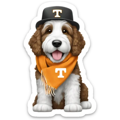 Bernedoodle with University of tennessee hat and scarf sticker
