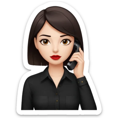 generate a pretty fair bratz girl with dark brown eyes. Dark brown hair straight short hair. tight black button up shirt with top shirt open.  Talking on the phone. Red lipstick, eyeliner on sticker