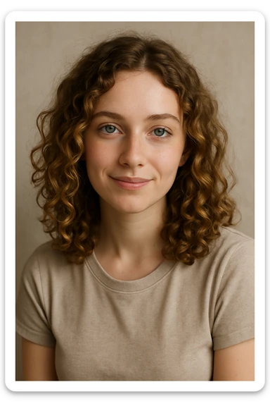 white girl, dark blonde curly hair, blue-green eyes, shoulder length, gentle smile, upper body sticker