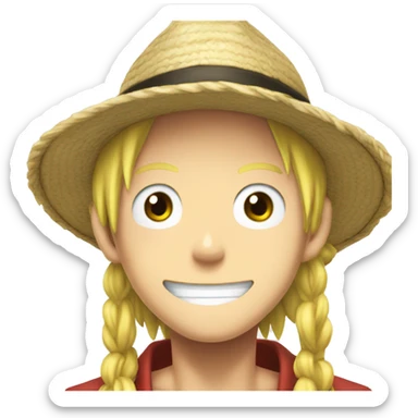 Luffy from Ine Piece anime with long blonde hair and his hat sticker